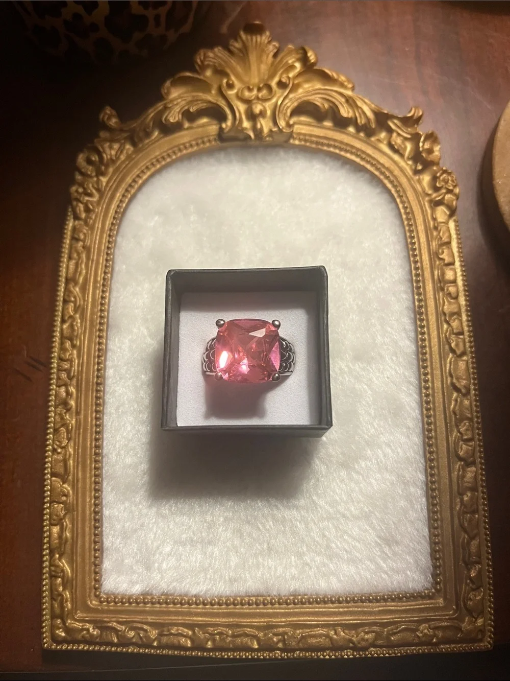 Rose Pink Cushion-Cut Ring in Dark Silver Band